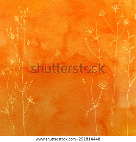 Watercolor background with beautiful colored flowers and herbs painted line. Background of colored flowers and herbs.