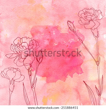 Watercolor background with beautiful color painted flowers and herbs. Colored flowers and herbs, hand-painted line. Carnation