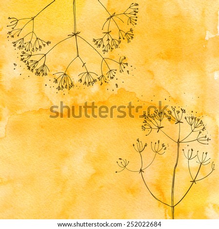 Watercolor background with beautiful color painted flowers and herbs. Colored flowers and herbs, hand-painted line. Dill on a colored background.