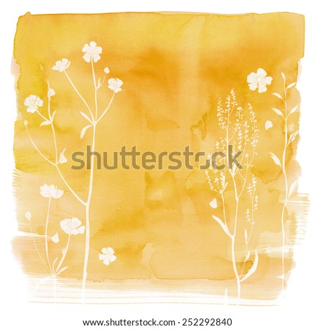 Watercolor background with beautiful color painted flowers and herbs. Colored flowers and herbs, hand-painted line. Yellow background with flowers.