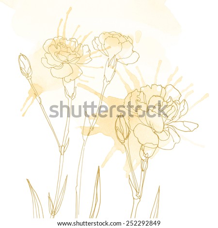 Watercolor background with beautiful color painted flowers and herbs. Colored flowers and herbs, hand-painted line. White background with flowers. Carnation