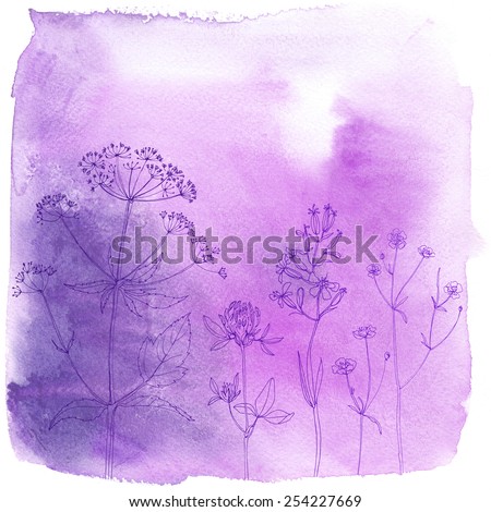 Watercolor background with beautiful color painted flowers and herbs. Colored flowers and herbs, hand-painted line. Pink background with flowers. Dill on a colored background.