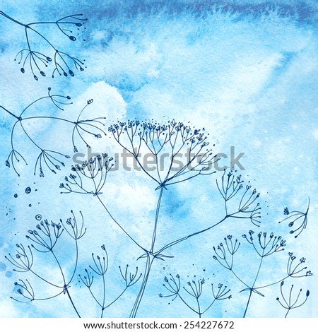 Watercolor background with beautiful color painted flowers and herbs. Colored flowers and herbs, hand-painted line. Blue background with flowers. Dill on a colored background.