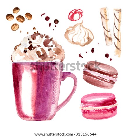 Cocoa mug painted with watercolors on white background. Sweet, sweet drink, coffee, makanuny, marshmallows.