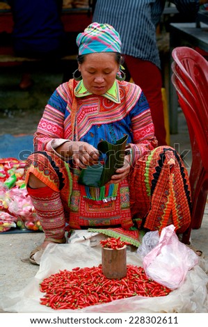HA GIANG, VIETNAM - October 18, 2014: Woman in ethnic Hmong fair in Ha Giang, Vietnam. Ha Giang is home to mostly Hmong live.