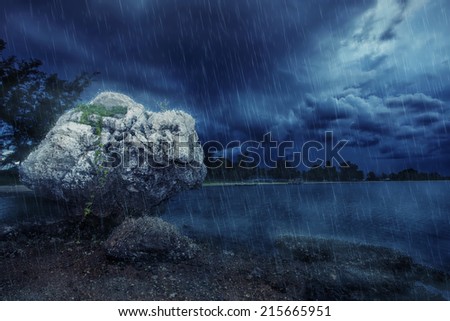 Stone on the beach in fantasy night storm rain