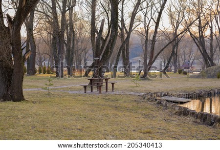 Wooden table and a bench on the nature