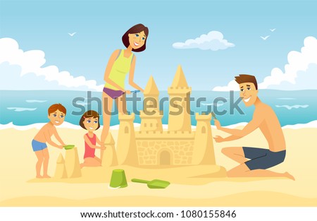 Happy family on vacation - cartoon people character illustration. Young smiling parents building a sandcastle on the beach with their son and daughter, having fun together