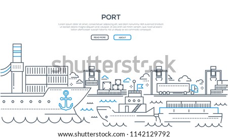 Port - modern line design style illustration with place for your text. A banner with a harbor, ships and boats on water, shipping on the background. Travelling, transportation concept