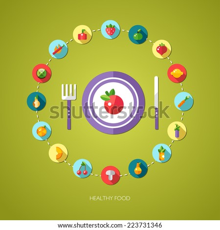 Illustration of vector flat design food, fruits and vegetables icons compositions