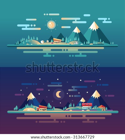 Set of vector modern flat design conceptual landscapes with animals, houses and mountains. Illustrations of beautiful forest scenes.