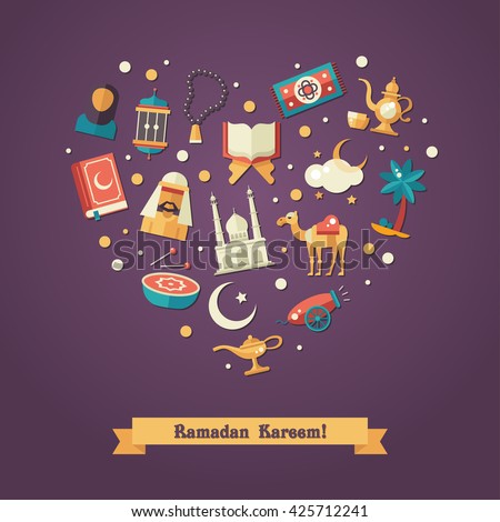 Set of modern vector flat design heart composition with icons of islamic holiday, culture, traditional greeting Ramadan Kareem. Muslim male, female, cannon, mosque, prayer beads, prayer book, drum
