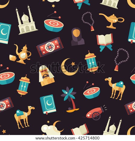 Set of modern vector flat design seamless tileable pattern with icons of islamic holiday, culture. Muslim male, female, camel, cannon, mosque, prayer beads, prayer book, lamp, drum