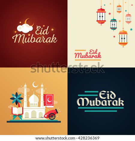Set of modern vector flat design postcard templates set with icons of islamic holiday, culture, traditional greeting Eid Mubarak. Camel, cannon, mosque, prayer beads, lamp
