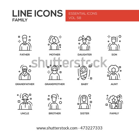 Family - modern vector plain line design icons and pictograms set.