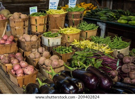 Group of vegetables lined up at country roadside stand in rural Pennsylvania.