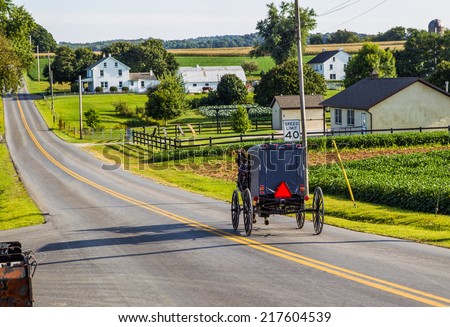 Amish buggy goes down road in rural Pennsylvania.