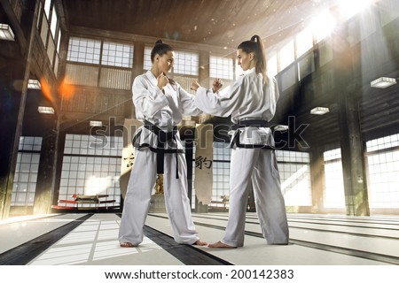 Karate woman in action on light old sports hall Karate woman in action on light old sports hall