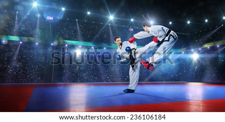 Two professional female karate fighters are fighting on the grand arena panorama view