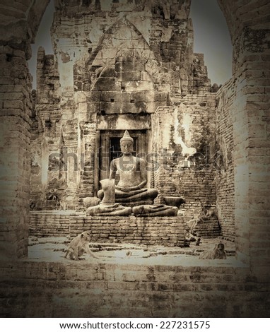 The ancient old buddha at Pra Prang Sam Yod  in Lopburi, Thailand,Vintage picture
