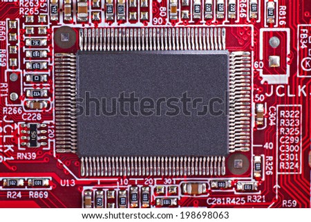 Red electronic circuit board with processor
