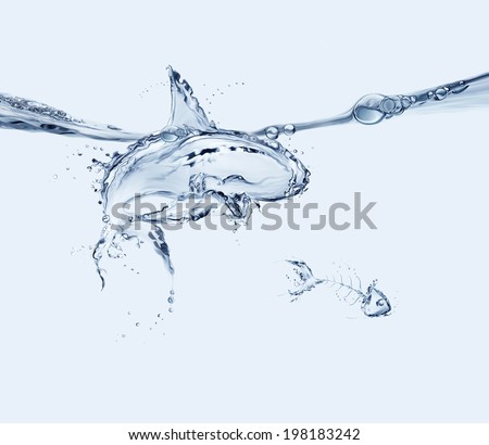A shark made of water swimming in a menacing way, preparing to eat a water fish with a fishbone sinking.