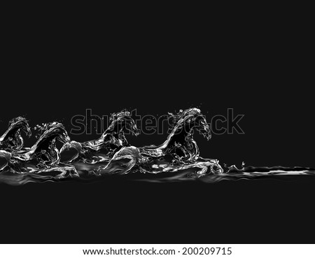 A group of horses made of water galloping in water on a black background.