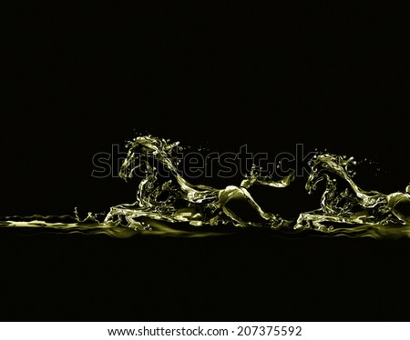 Silhouettes of two running horses made of liquid gold on black.