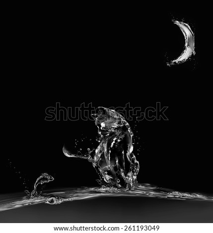 A cat made of water sitting on water in moonlight looking at a jumping fish.