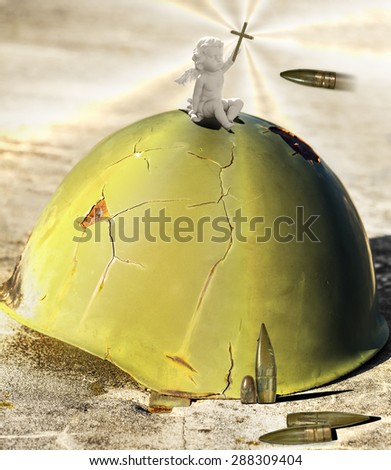 Angle sitting on a war helmet, getting shot.