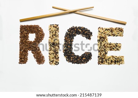 Rice word made of rice seeds with crossed chinese sticks on the top