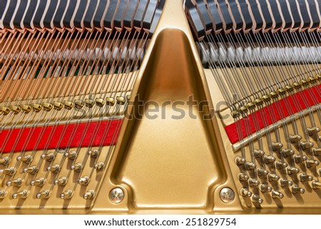 Close up view of piano strings and hammers