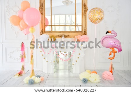 Decorations for holiday party. A lot of balloons. Birthday party decorations ideas.
