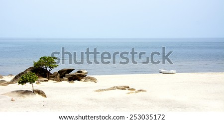 White Canoe on the Beach of Lake Malawi, Malawi, Africa