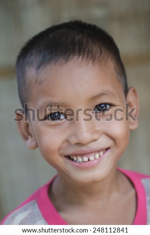 Mae Hong Son, Thailand - August 31, 2010: An unidentified Burmese refugee boy smiling at camera in Mae La Oon temporary shelter in Mae Hong Son, Thailand