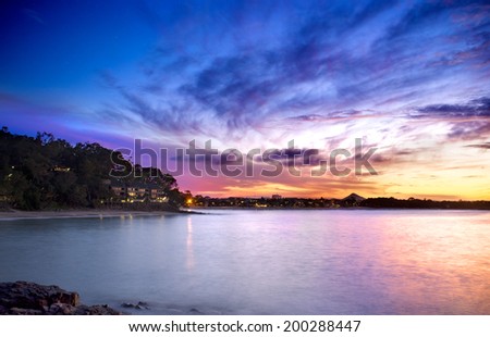 Beautiful rocky landscape sunset overlooking the ocean (Long Exposure), Noosa Heads, Sunshine Coast, Australia