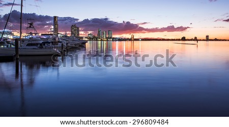 Boats and Yachts Reflecting in the Water and Overlooking Southport During a Beautiful Sunset, Main Beach, Gold Coast, Queensland, Australia