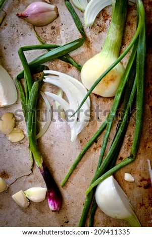 Bunch of fresh spring onions and garlic on metal background
