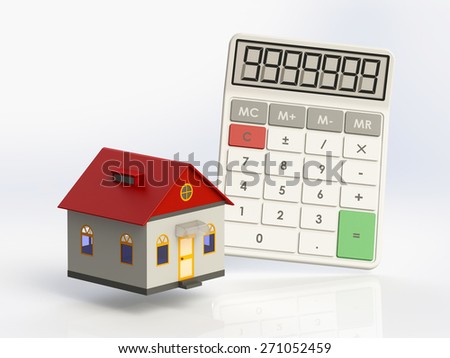 Miniature house with a calculator isolated on white background