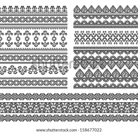 Indian Henna Border decoration elements patterns in black and white colors Popular ethnic border in one mega pack set collections Vector illustrations.Could be used as divider frame etc Indian Henna Border decoration elements patterns in black and white colors Popular ethnic border in one mega pack set collections Vector illustrations.Could be used as divider frame etc