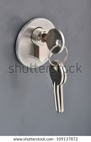 grey door with steel lock and keys