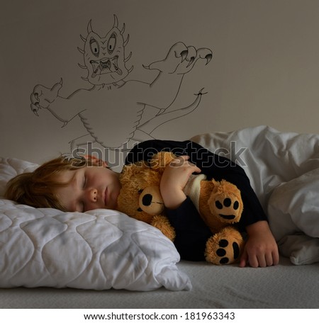 child with teddy bear, sleeping and having a nightmare