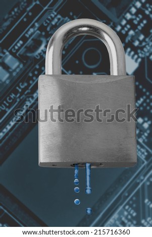 Concept of a security leak, water dripping out from a padlock over a circuit board