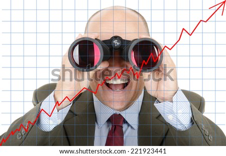 Man in suit looking at future growth of sock profit through binoculars