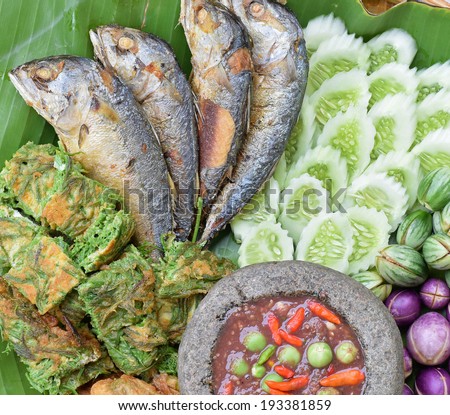 Fried Mackerel fish,chili sauce ,and fried vegetable with egg