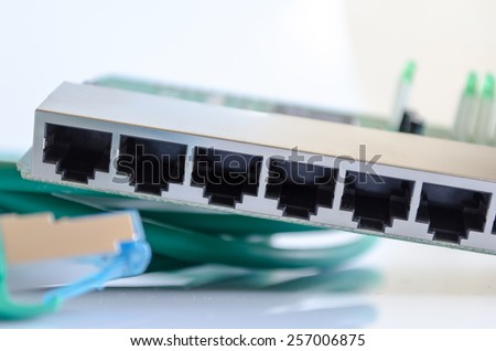 Green network cable and switch on white