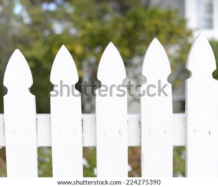 White fence and a green background.