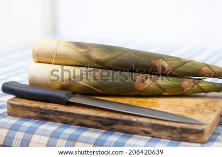 Bamboo shoot have beside the knife ready cook
