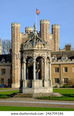 TRINITRY COLLEGE, CAMBRIDGE, ENGLAND-JAN 2015 :The fountain in Trinity College, Cambridge England. Trinity College is one of the best college in Cambridge.