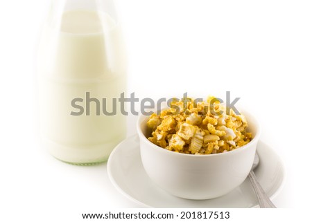 Puffed rice cereal and milk  on  isolated  white background.